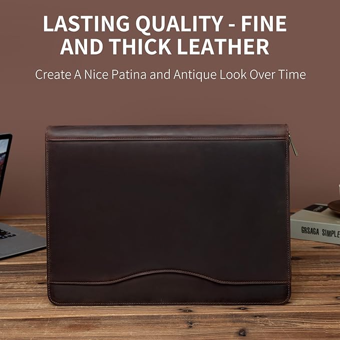 YIWEN Handmade Crazy-Horse Leather 3 Ring Binder Portfolio Padfolio Folder with Zipper for Men and Women, Business Organizer for Letter A4 Size for Meeting and Travel (Non-custom, Dark Brown)