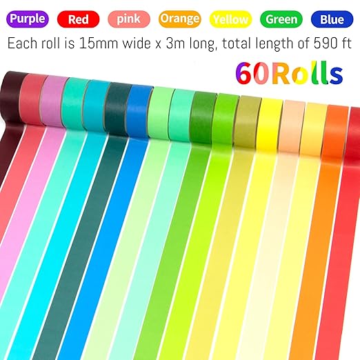 WAPETASHI 60 Rolls Washi Tape Set - 15mm Rainbow Colored Masking Tape, Decorative Tape for Bullet Journaling, Scrapbooking, DIY Arts & Crafts, Christmas Gift, Holiday Decoration