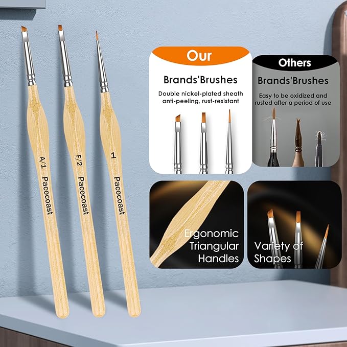 12PC Miniature Brushes, Pacocoast Detail Paint Brushes Set for Fine Detailing & Art Painting, Small Tiny Paint Brush Perfect for Acrylic, Paint by Number, Figurine, Craft, Models (Silver, Wood)