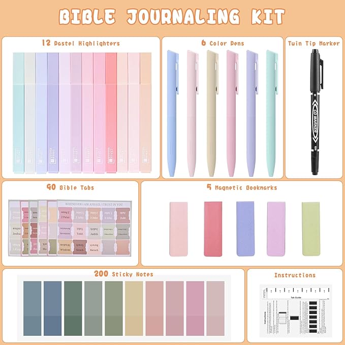 Bible Journaling Kit, Include 12 Bible Highlighters and 6 Pens No Bleed, 90 Laminated Bible Tabs, Magnetic Bookmarks, Sticky Notes, Bible Study Supplies Essentials Set for Women & Men