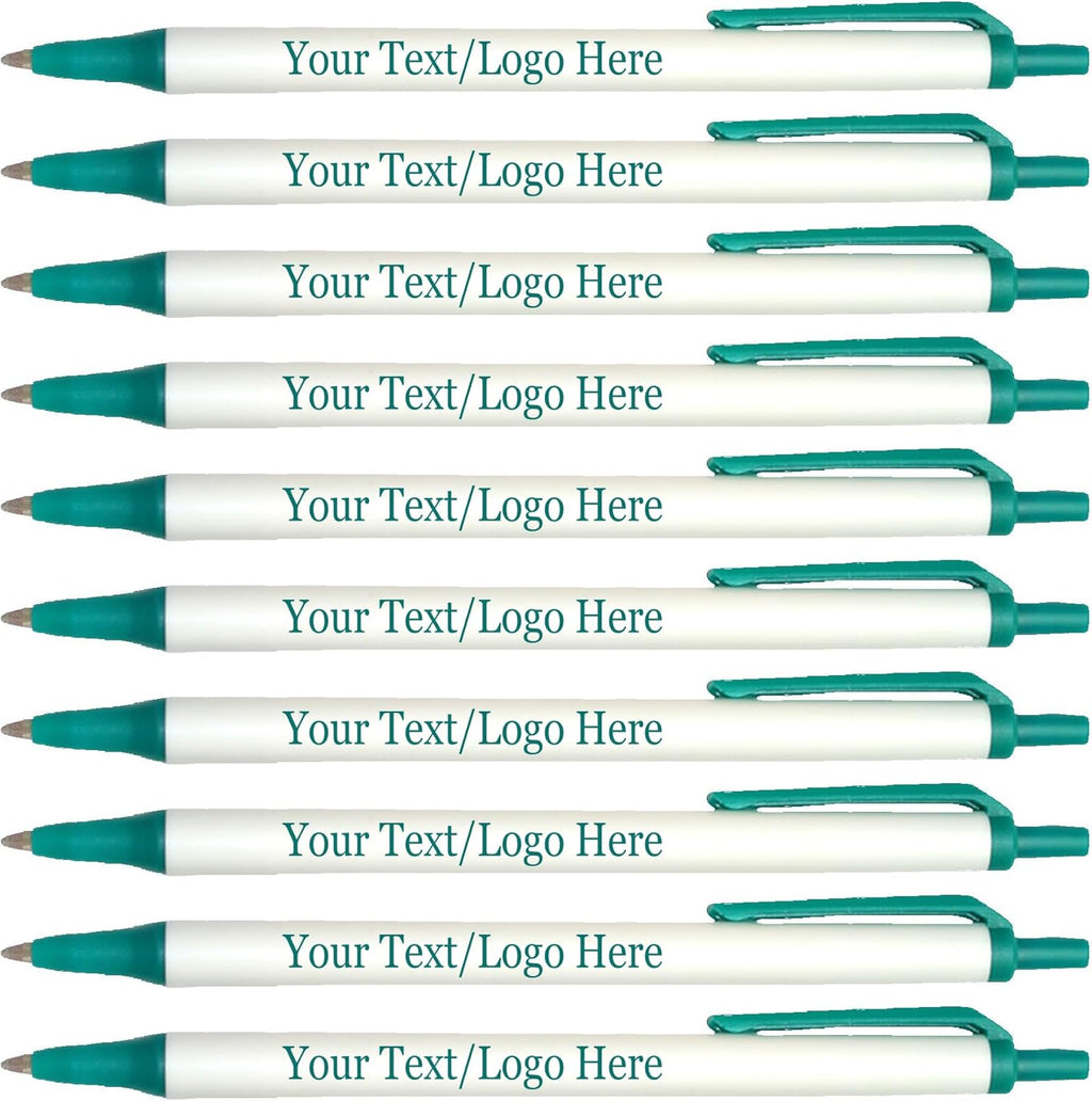 Personalized Click Stick Pens With your Custom Logo or Text-300 Pack Bulk-for Businesses, Parties, and Events, Custom Printed Retractable Slim Ballpoint Pens, Teal, Black Ink