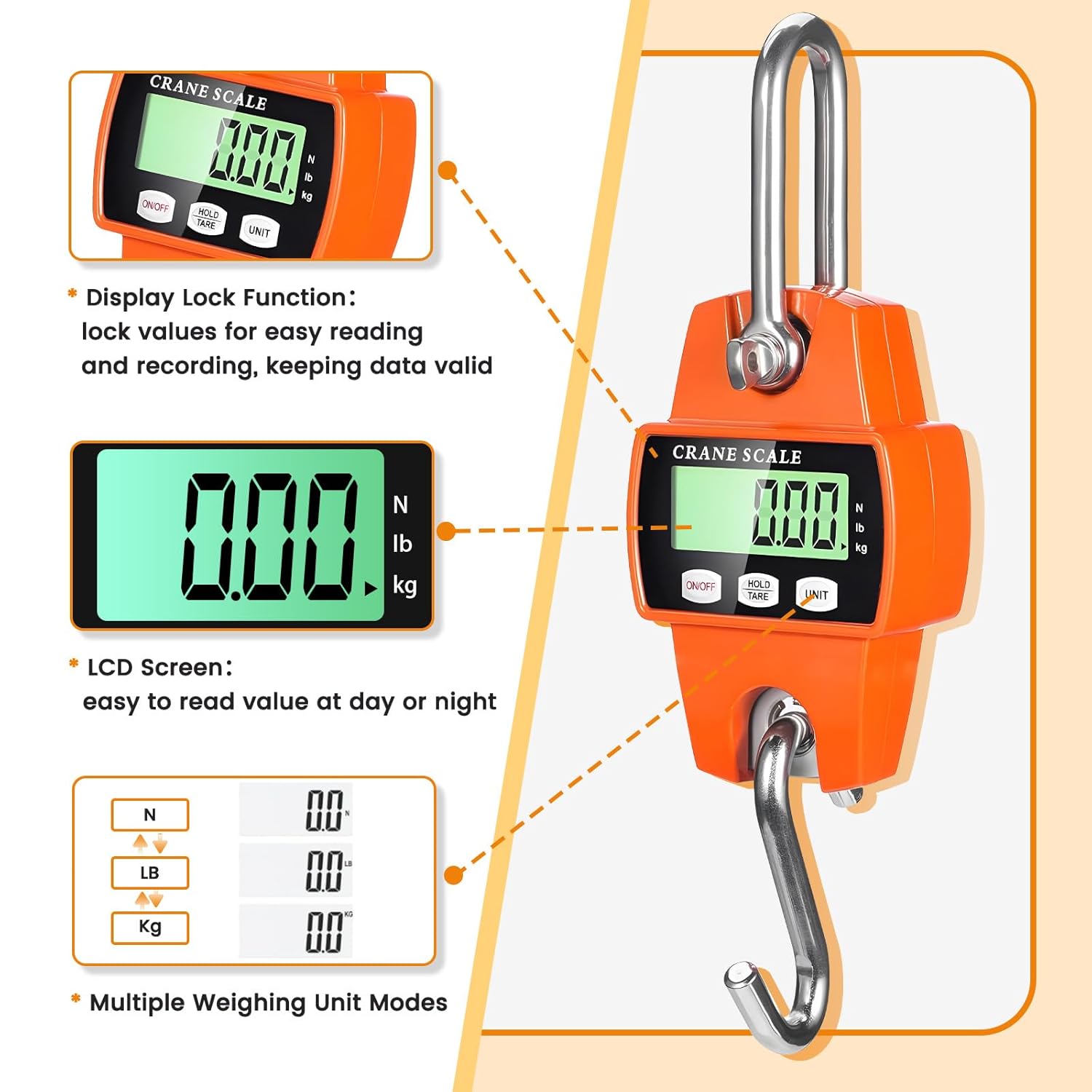 Digital Hanging Scale, 1102lb Crane Scale, 500kg Orange Digital Electronic Weighing Scale with LCD Display for Hunting, Outdoor, Bass Fishing, Big Game, Farm