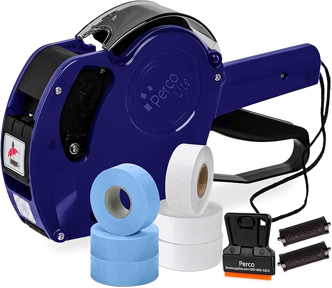 Perco Lite 1 Line Price Gun with Labels Kit - Includes 3 White Rolls, 3 Blue Rolls, 2 Ink Rollers - 1 Ink roll and Labels Pre-Loaded