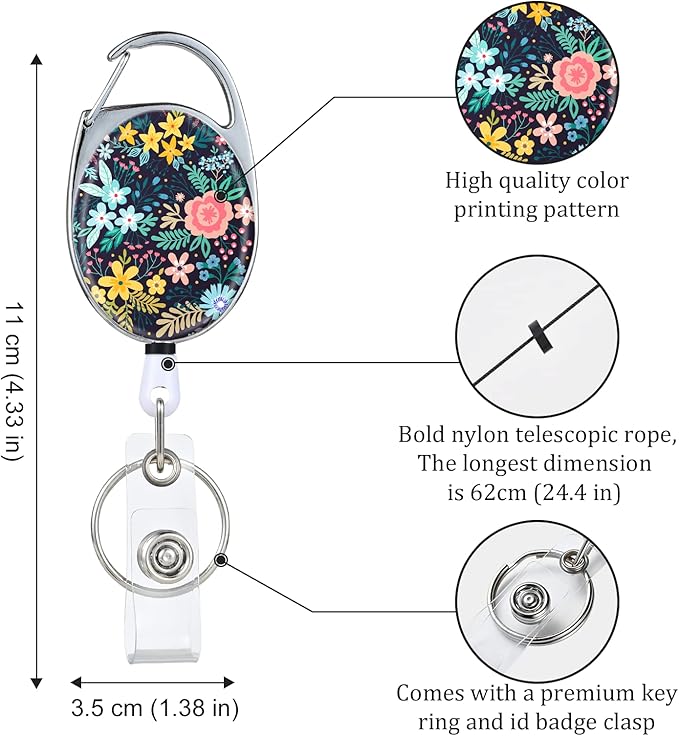 Badge Reels Retractable，Double Sided Color Print Pattern Retractable Badge Holders，with Retractable Keychain, Badge Clip and Key Ring，Durable Nylon Retractable Rope，Flower on Black