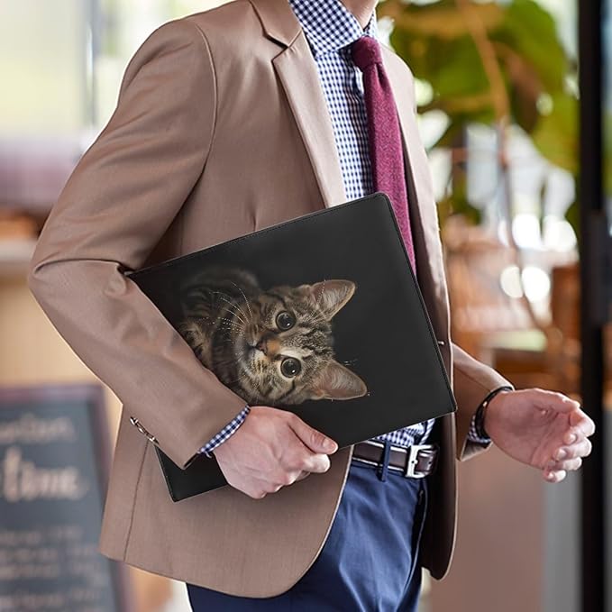 Office Folder Cute Cat Print PU Leather Padfolio with A4 Size Clipboard Clip for Business Resume Interview Document Sleeve Binder Folder for Men/Women