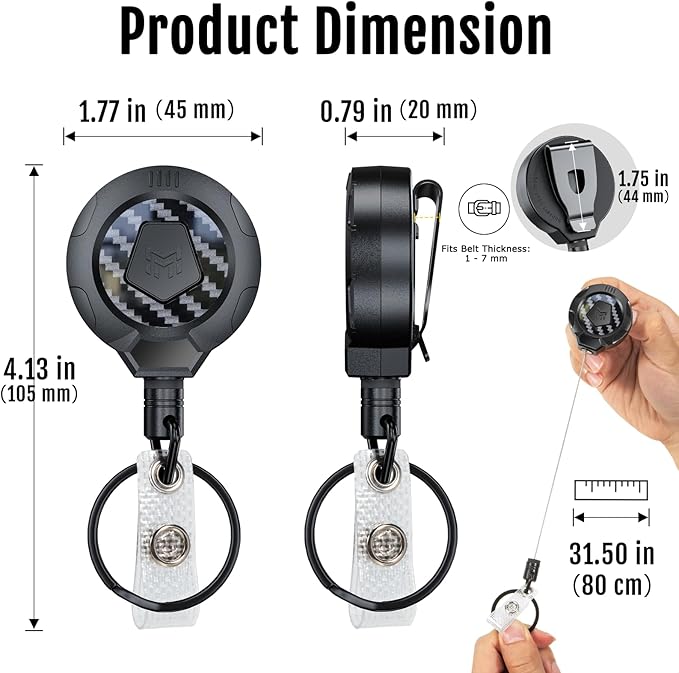MNGARISTA Upgraded Heavy Duty Retractable Keychain with Belt Clip, 10 OZ Retraction, 31.5" Stainless Steel Cord, 3K Carbon Fiber ID Badge Reel with Badge Strap and Key Ring, 2 Pack