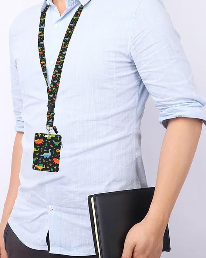 ID Badge Holder with Retractable Lanyard and Keychain, Badge Reel with Rotate Carabiner Clip,Cute Dinosaur Card Name Tag Lanyard ID Protector Bage Clips for Student, Women, Office