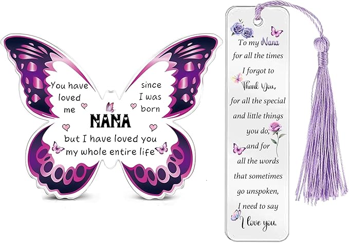 Nana Gifts for Women Acrylic Plaque Bookmark Set Birthday Gifts for Grandmother Personalised Butterfly Keepsake Bookmarker Mothers Day Christmas Nan Appreciate Gifts for Her from Kids
