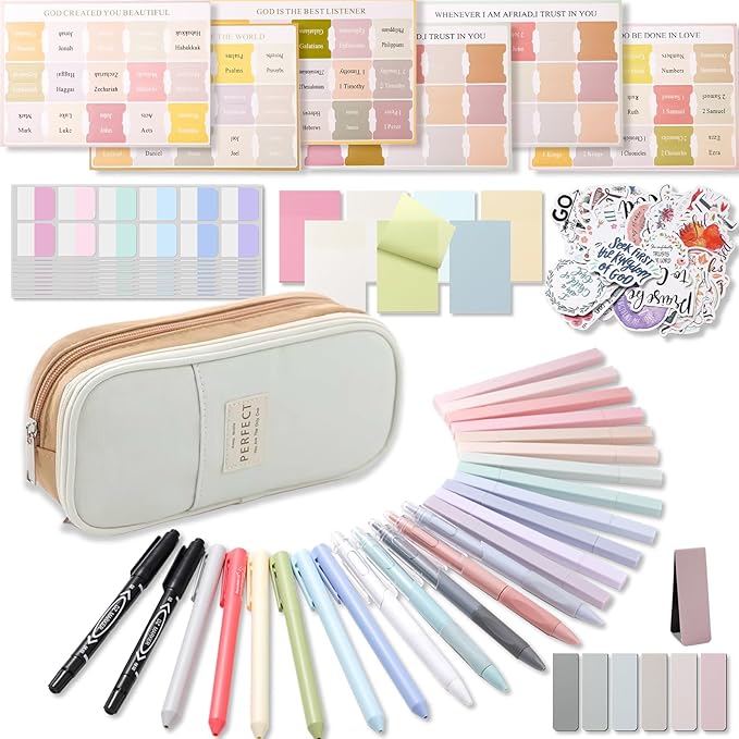 XKDOUS 56 Pcs Bible Study Supplies Journaling Kit, Bible Study Kit, Bible Case with Highlighters and Pens, Bible Tabs Stickers and Other Bible Journaling Supplies, Aesthetic Bible Study Tools