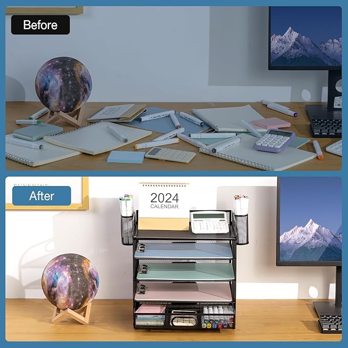 5-Tier Letter Tray Desk Organizer with Drawer and Pen Holder, Mesh File Organizer with Handle, Office Supplies Document Paper Sorter Desk Organization for Home Office, Black