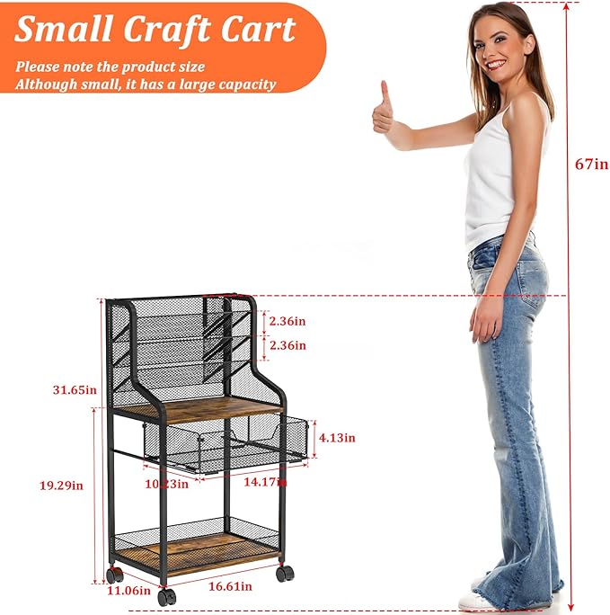 Small Rolling Utility Cart with Drawer, Metal Craft Storage Cart with Lockable Wheels, Versatile Art Cart with 6 Tiers & Removable Dividers for Drawing Room, Store Paints & Artifacts (Patent Pending)