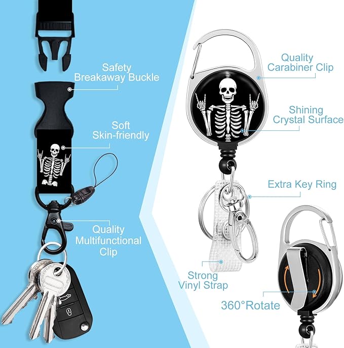 Lanyards for Id Badges, Funny Badge Holder with Retractable Badge Reel Clip, Skull Skeleton Rock Work Name Tag Keychain Lanyard Vertical ID Card Protector for Women Nurse Doctor Teacher Student