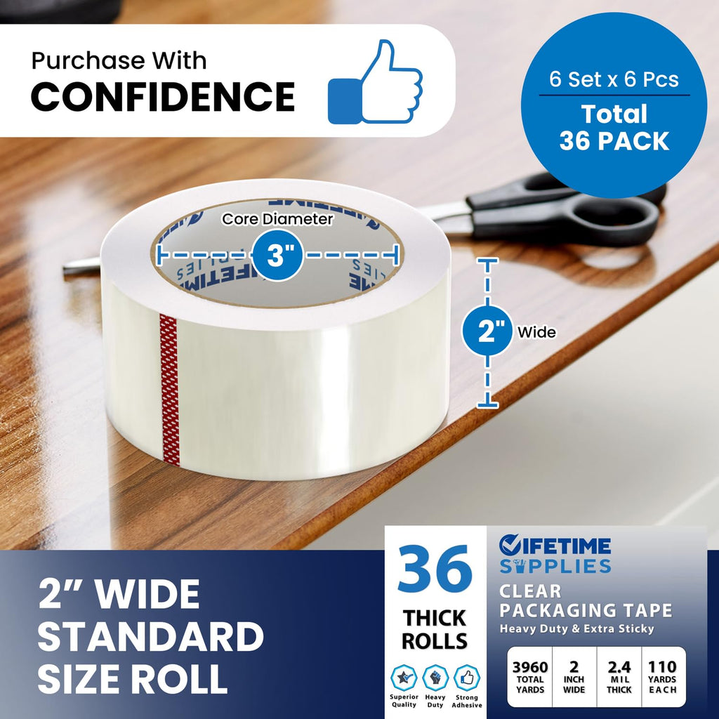 36 Rolls | 2.4 mil Clear | 110 Yards Each (3960 Yards Total) | 2" Premium Packing Tape Heavy Duty Packaging Tape for Shipping Moving Stronger Thicker
