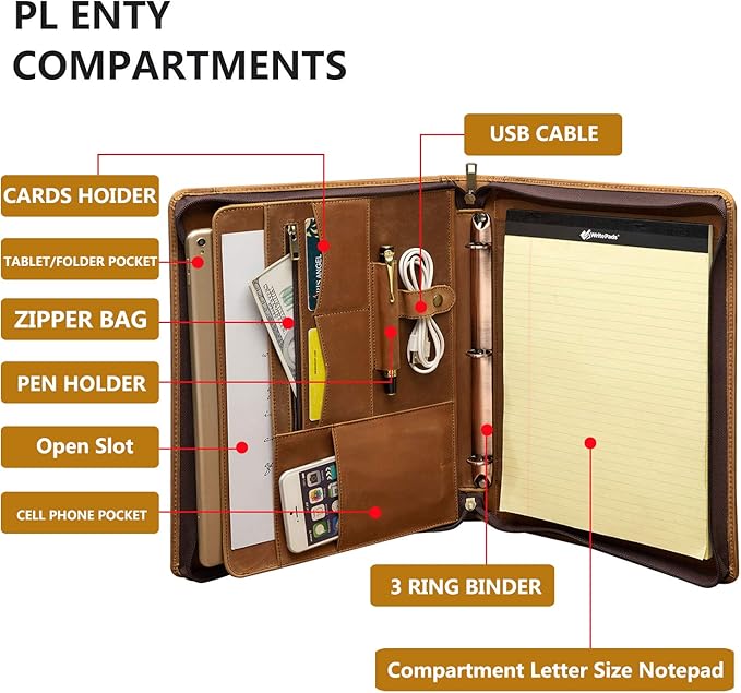 YIWEN Handmade Crazy-Horse Leather 3 Ring Binder Portfolio Padfolio Folder with Zipper for Men and Women, Business Organizer for Letter A4 Size for Meeting and Travel (Custom Engraved, Brown)