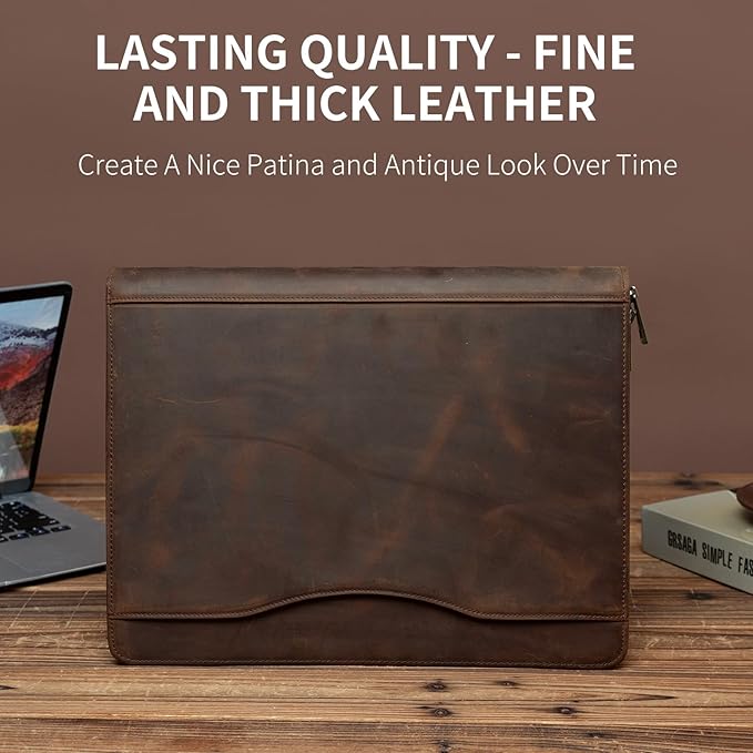 YIWEN Handmade Crazy-Horse Leather 3 Ring Binder Portfolio Padfolio Folder with Zipper for Men and Women, Business Organizer for Letter A4 Size for Meeting and Travel (Non-custom, Dark Khaki)