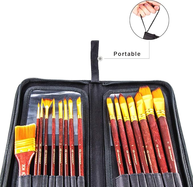 Transon 16pcs Professional Long Artist Paint Brush Set with Brush Case Assorted for Acrylic Watercolor Gouache Oil Tempera and Body Painting