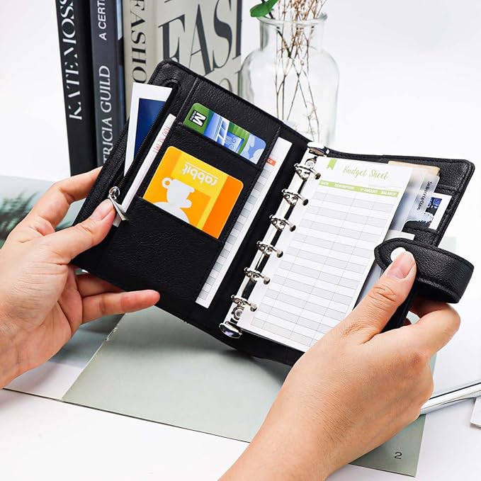 Mogoostry A7 Binder Cover Savings Binder Wallet Leather Binder Folder 6-Ring Refillable Notebook Binder Planner Cover Hardcover Budget Binder Organizer (Black)