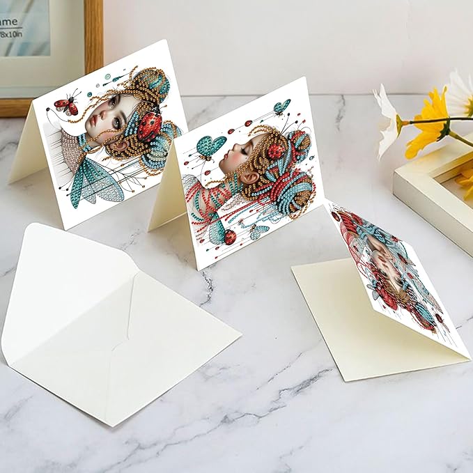 Tontut 6pcs Diamond Art Painting Kit Greeting Card, Temperament Butterfly Lady 5D DIY Diamond Handmade Holiday Sparkling Greeting Card with Envelope, Holiday Gift Congratulation