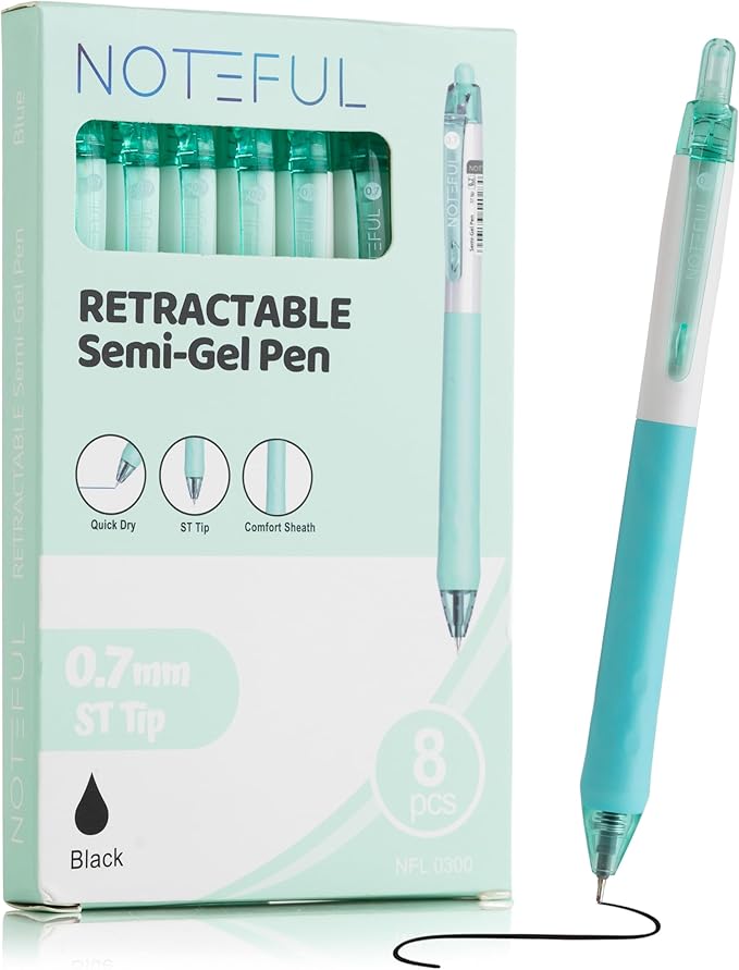 Retractable Semi Gel Pens Clicker, Fine Point 0.7 mm, Premium Comfort Grip for Smooth Writing Planner and School Supplies (Black, 1 Count (Pack of 8))