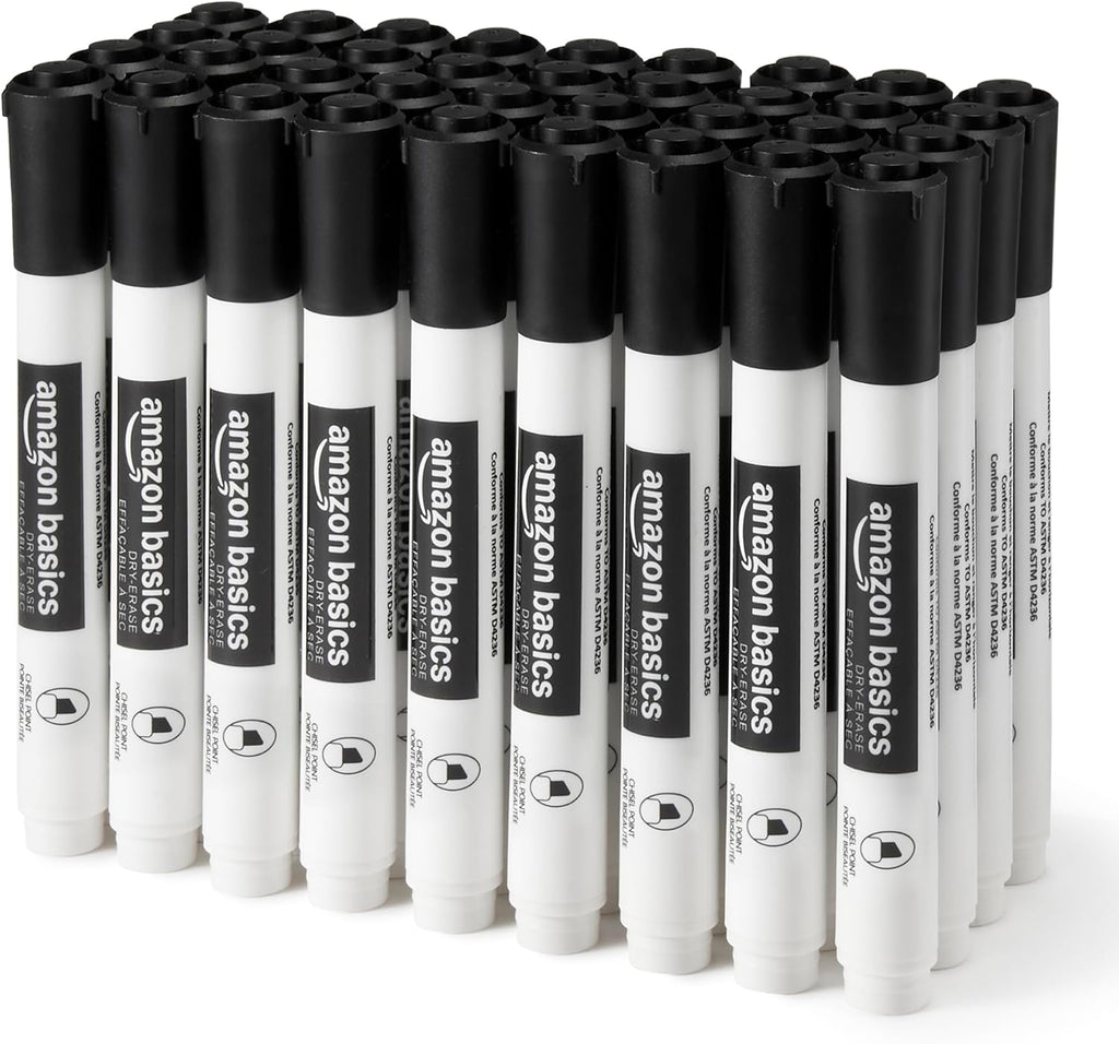 Amazon Basics Low-Odor Dry Erase Whiteboard Markers, Chisel Tip, Black, 36 Count