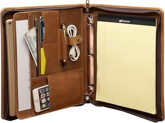 YIWEN Handmade Crazy-Horse Leather 3 Ring Binder Portfolio Padfolio Folder with Zipper for Men and Women, Business Organizer for Letter A4 Size for Meeting and Travel (Custom Engraved, Brown)