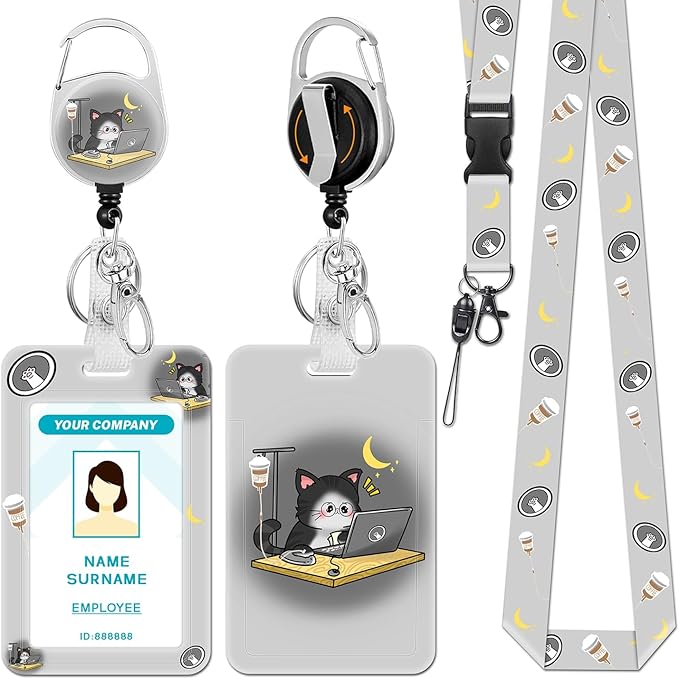 Lanyards for Id Badges, Funny Cute Badge Holder with Retractable Reel Clip, Cat Work Name Tags Keychain Lanyard Vertical ID Card Protector Case for Women Teacher Nurse Nursing Student Office