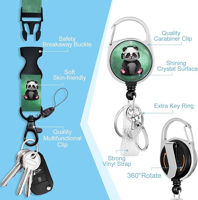 ID Badge Holder with Lanyard, Cute Badge Holder with Retractable Heavy Duty Badge Reel Clip, Panda Name Tag Lanyard Vertical ID Card Protector Cover for Women Teacher Nurses Doctor Student