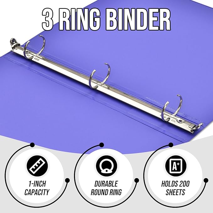 3 Ring Binder 1 Inch, IntoJoy 6 Pack Clear View 3 Hole Binder PVC-Free Fits 8.5x11 Inch Paper Flexible Round Ring Binders for School Office Home Binder Supplies (Purple)