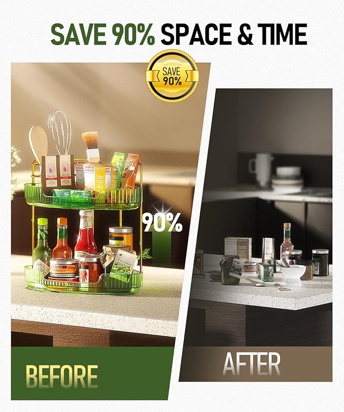 2-Tier Corner Bathroom Counter Organizer Makeup Cosmetic Storage, Tool-Free Installation Acrylic Vanity Shelf, Skin Care Organizer Perfume Tray for Countertop Bathroom, Dresser, Kitchen (Green)