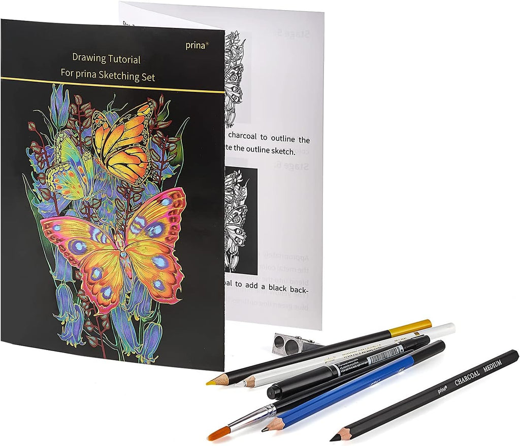 Prina 76 Pack Drawing Set Sketching Kit, Pro Art Supplies with 3-Color Sketchbook, Include Tutorial, Colored, Graphite, Charcoal, Watercolor & Metallic Pencil, for Artists Adults Teens Beginner