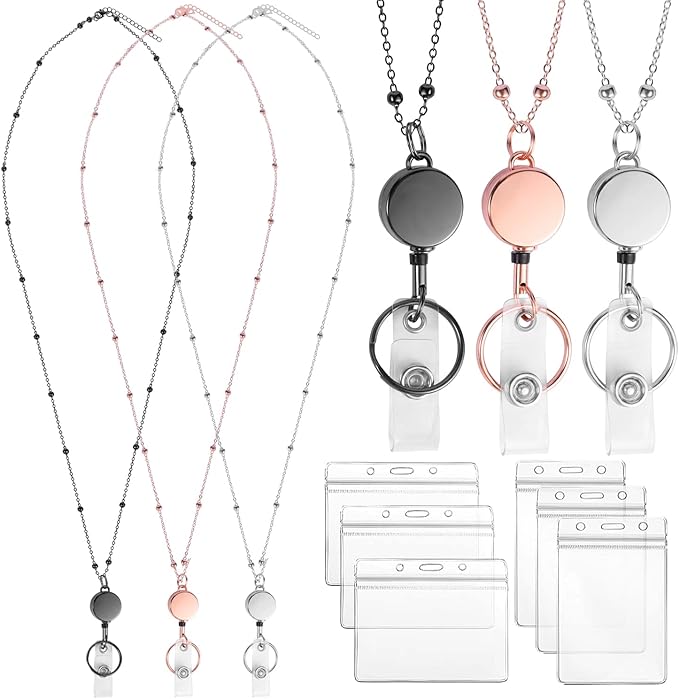 Lanyards for Id Badges 3 Pack Badge Lanyard with 6 Pcs Id Badge Holder Retractable Stainless Steel Teacher Lanyards Cruise Ship Lanyards for Girl Women (Black, Silver, Rose Gold)