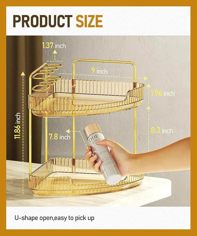 2-Tier Corner Bathroom Counter Organizer Makeup Cosmetic Storage, Tool-Free Installation Acrylic Vanity Shelf, Skin Care Organizer Perfume Tray for Countertop Bathroom, Dresser, Kitchen (Gold)