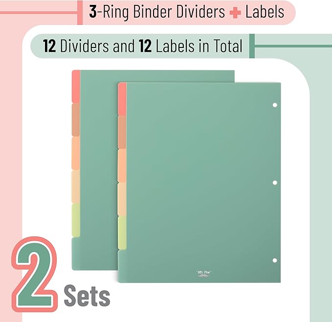 Mr. Pen- Binder Dividers, 6 Tab Dividers, Pack of 2 Sets (12 Dividers Total), Dividers, Plastic Dividers for 3 Ring Binder, Binder Dividers with Tabs, Binder Tabs, 3 Ring Binder Dividers