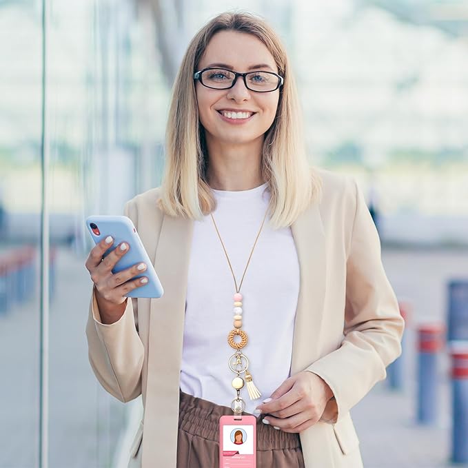 Colorful ID Badge Holder with Silicone Beads Lanyard Set,Cute Teacher Breakaway Lanyard for Keys & Keychain with Cute Retractable Badge Reel Holder,Gift for Women,Nurse, Teacher. (D)