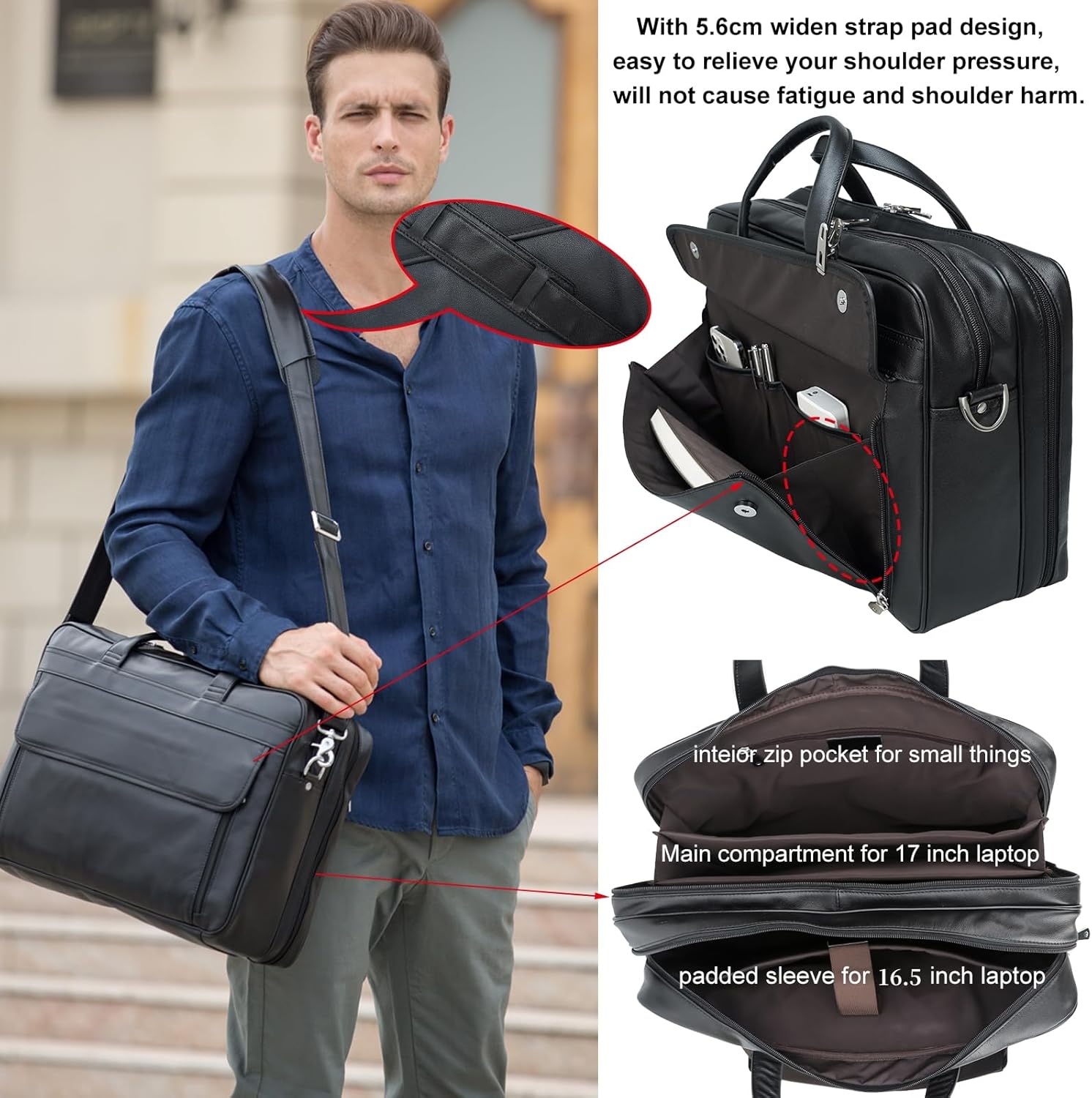 Masa Kawa Leather Briefcase for Men 15.6" - 17" Laptop Computer Case Business Travel Work Messenger Cross Body Shoulder Bag