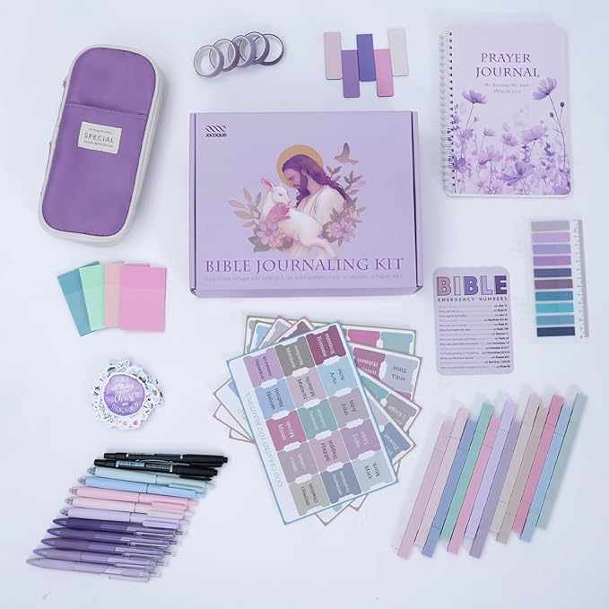 XKDOUS Bible Study Supplies Journaling Kit for Women, Bible Study Kit, Bible Study Tools with Prayer Journal Pencil Case Bible Accessories, Christian Gifts for Women, Purple