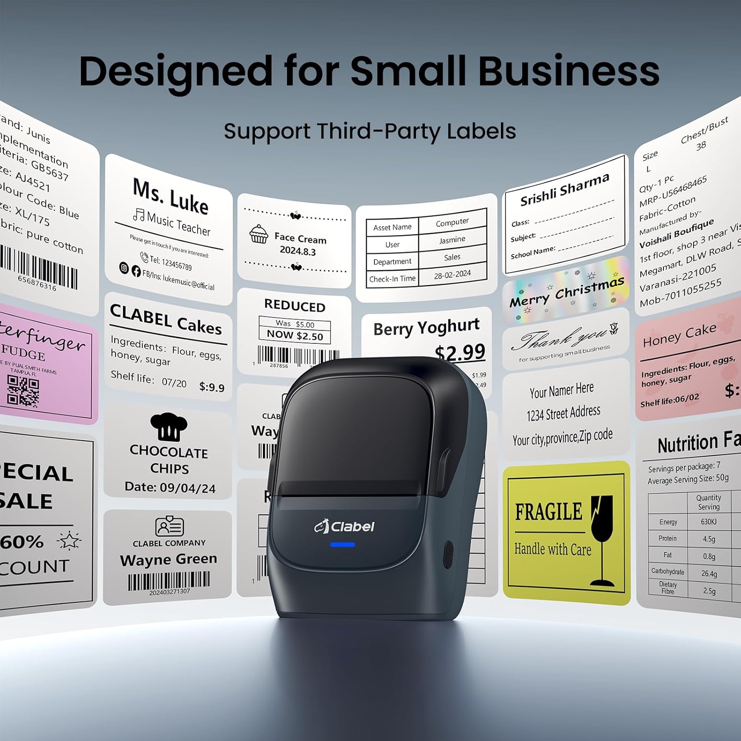 CLABEL Thermal Label Maker Machine: 221B Bluetooth Label Maker Machine with Tape Mini Sticker Printer Barcode Printer Compatible with Smartphone with 1 Roll 40x30mm Label (Blue)