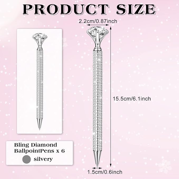 Jeyiour 6 Pcs Big Diamond Pens with Crystal Bling Rhinestone Metal Glitter Diamond Ballpoint Black Ink Pens Wedding Bridal Shower Favors for Birthday Gift Supplies(Silver)