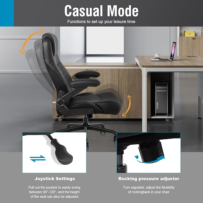 Flysky Executive Ergonomic Office Chair - Big and Tall Office Chair for Heavy People, PU Leather Computer Desk Chair with Flip-up Armrest, Comfortable Wide High Back PC Work Chair