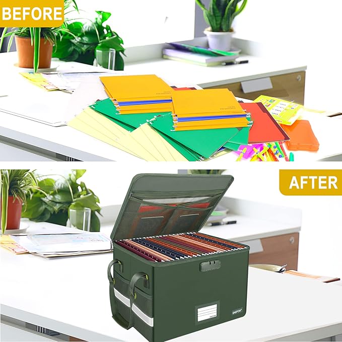 ENGPOW File Box with Lock,Fireproof Document Box with Pockets,Collapsible File Storage Organizer Filing Cabinet with Handle,Portable Home Office Safe for Hanging Letter/Legal Folders,2 Pack(Green)