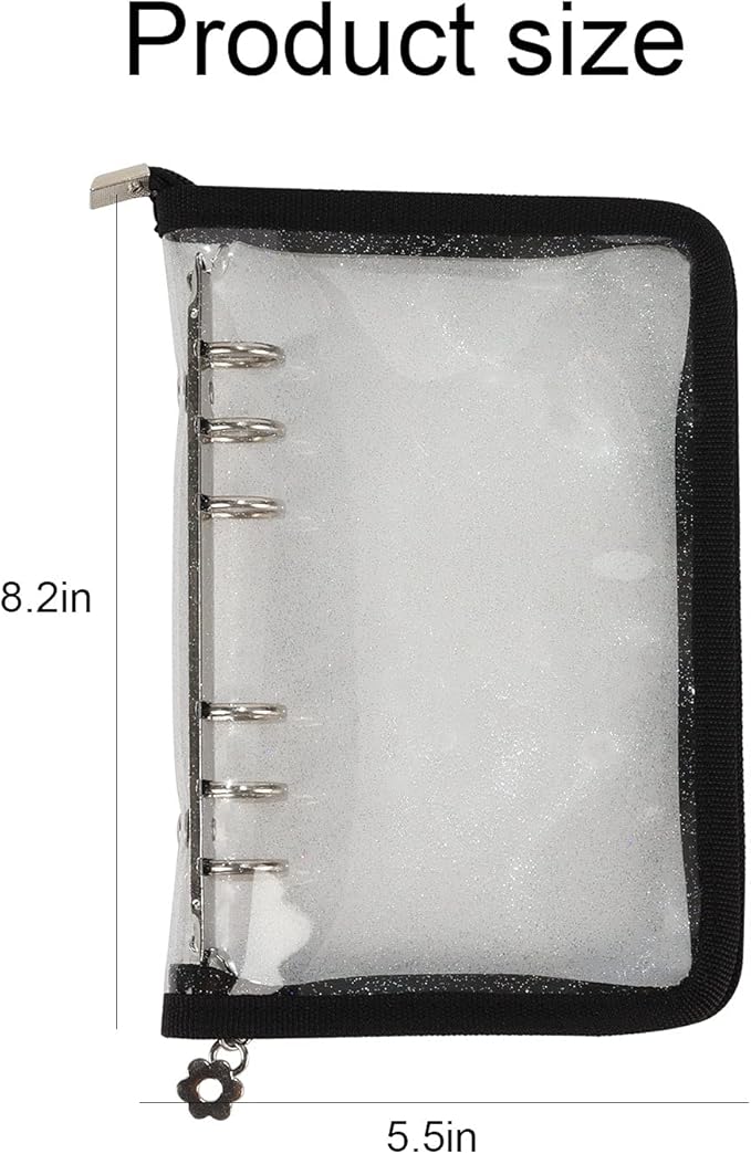 Multibey A5 Binder Cover Clear Soft PVC 6-Ring Binder Budget Evelopes System with Zipper Planner Organizer Refillable Notebook Journal Binder (Black, A6)
