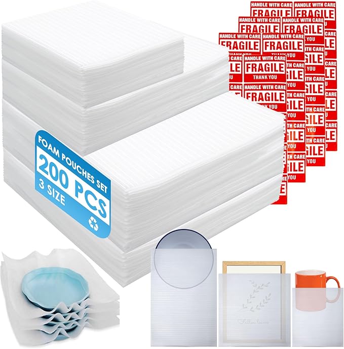 200 Pack Cushion Foam Pouches 3 Sizes wrap pouches with 12x12 Inch Foam Wrap Sheets dish packing kit Moving Fragile Items Packing Moving Supplies for Storage and Shipping With 50Fragile Stickers