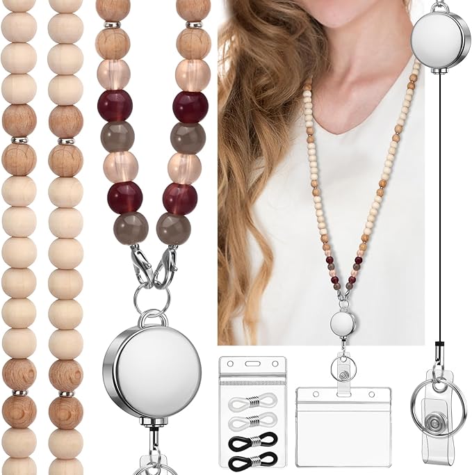 Teacher Lanyard with Id Holder, Cute Lanyards for Id Badges Keys, Retractable Natural Wooden Beaded Lanyard for Women, Violet