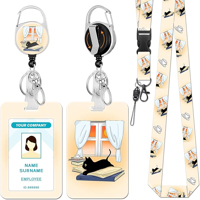 Lanyards for Id Badges, Black Cat Badge Holder with Retractable Reel Clip, Cute Work Name Tags Keychain Lanyard ID Card Protector Cover Case for Women Teacher Nurse Nursing Doctor Office