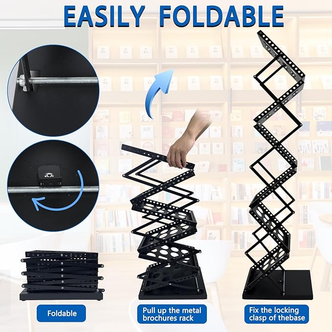 6 Pockets Foldable Magazine Rack, Pop up Brochure Display Stand, Catalog Literature Rack with Carrying Bag, Metal Magazine Display for Trade Show Office, A4 Size