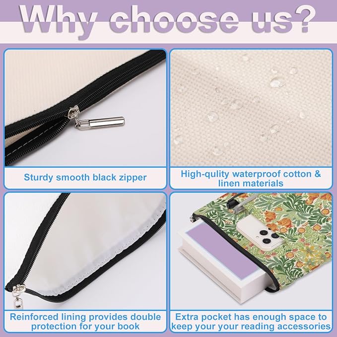 Retro Floral Book Sleeve Book Cover Classic Flower Book Protector with Zipper Christmas Birthday Book Club Gifts Book Accessories for Women Bestie Niece Librarian Girls Bookish Book Lovers Gifts