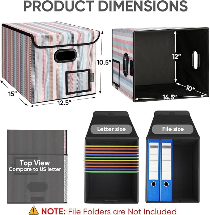 BALEINE File Organizer Box with Lid, Collapsible File Folder Organizer with Plastic Slide, Hanging File Folder Box for Office Document Storage (2 Pack, Color Stripe)