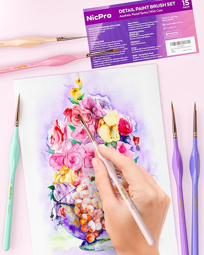 Nicpro 15PCS Micro Fine Detail Paint Brush Set, Aesthetic Pastel Small Miniature Fine Tip Detail Brushes Kit for Acrylic Oil Watercolor, Craft, Models, Miniatures, Rock Painting, Paint by Numbers