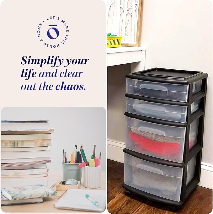 Homz Plastic 4 Clear Drawer Medium Home Organization Storage Container Tower with 2 Large Drawers and 2 Small Drawers, Black Frame (2 Pack)