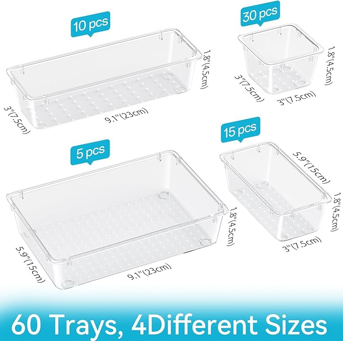 60 PCS Drawer Organizer Set, 4 Sizes Clear Plastic Makeup Vanity Organizer, Multi-Purpose Storage Bins for Makeup, Stationery, Gadgets, Kitchen, Bathroom, Office, Bedroom